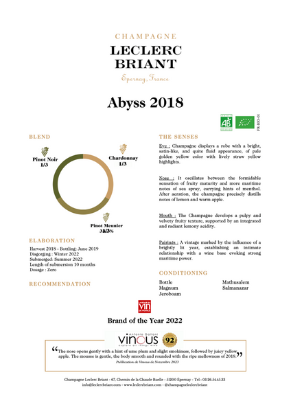 Champagne Leclerc Briant Cuvée Abyss Brut Zero 2018 750ml