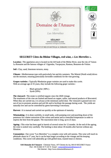 Domaine de l'Amauve Côtes Du Rhône Villages SÉGURET 'Les Merrelies' 2022 750ml