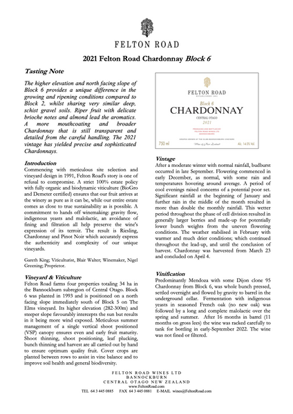 Felton Road Chardonnay Block 6 Central Otago 2021 750ml