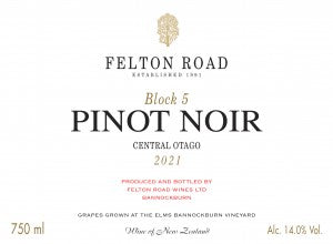 Felton Road Block 5 Central Otago Pinot Noir 2021 750ml - SOLD OUT