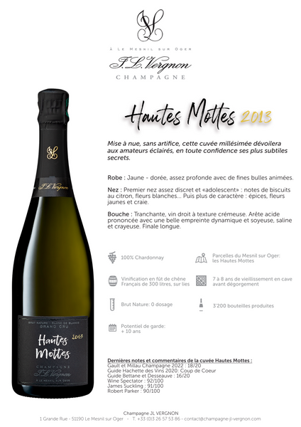 Champagne J L Vergnon Haute Mottes Brut Nature Grand Cru Blanc de Blancs Millesime 2013 