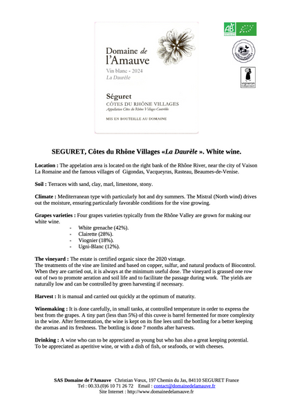 Domaine de l'Amauve Vin Blanc Côtes Du Rhône Villages SÉGURET 'La Daurele' 2024 750ml