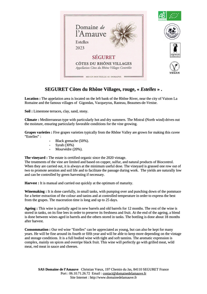 Domaine de l'Amauve Côtes Du Rhône Villages SÉGURET 'Estelles' 2023 750ml